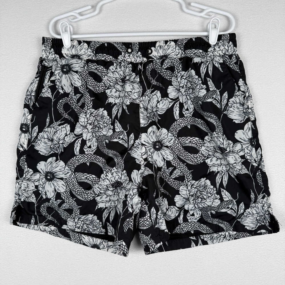 Maison Article Mens XL Floral Snake Print Swim Trunks Black White Mesh Lined